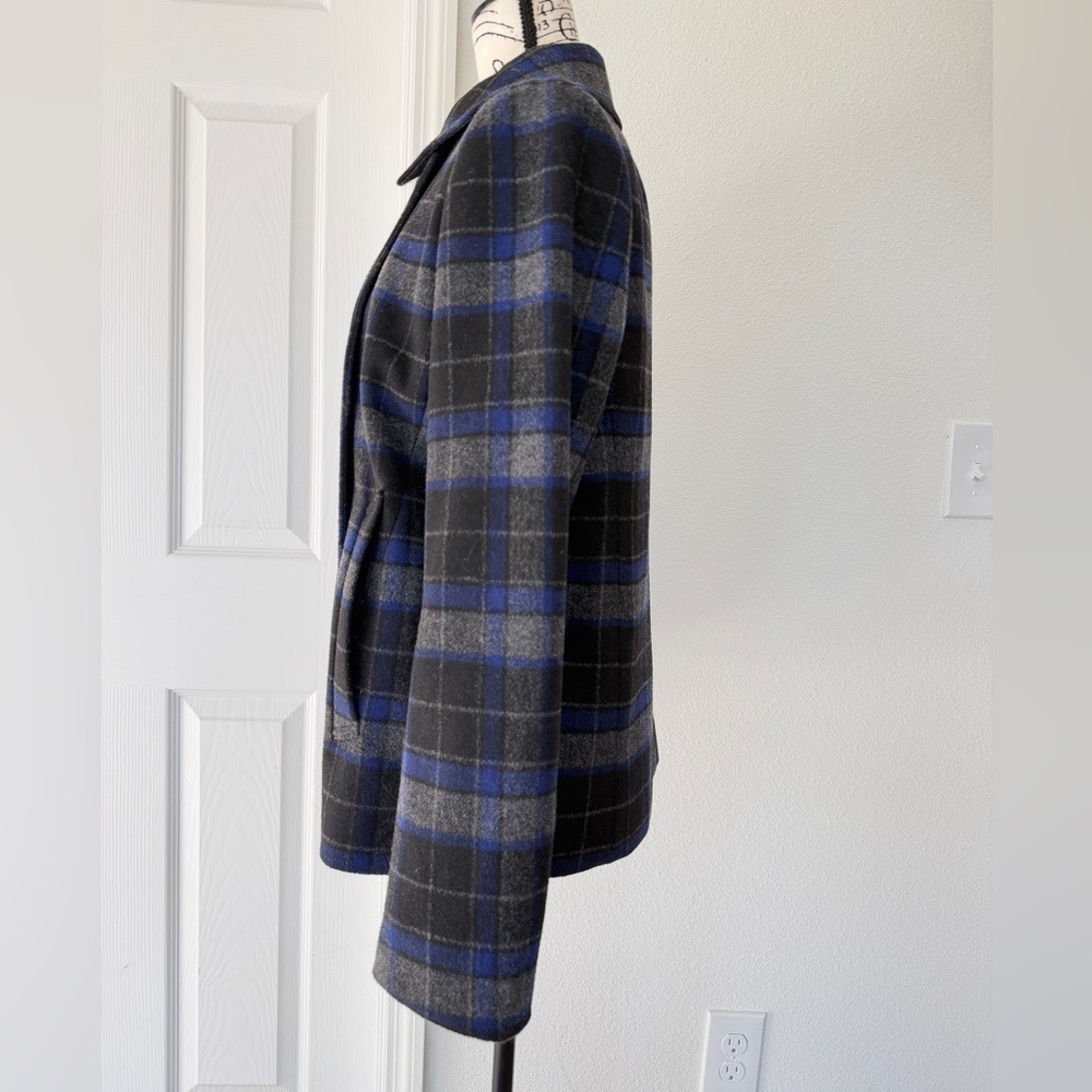 J.Crew Blue Grey Plaid‎ Wool Blend Pea Coat Jacket E2645 Size 8 Dark Academia - Picture 4 of 16